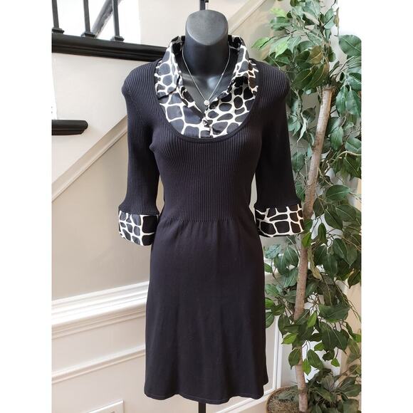 INC Women's Dress Size M Black Knit Contrast Collar Cuff Giraffe Print - Picture 2 of 9